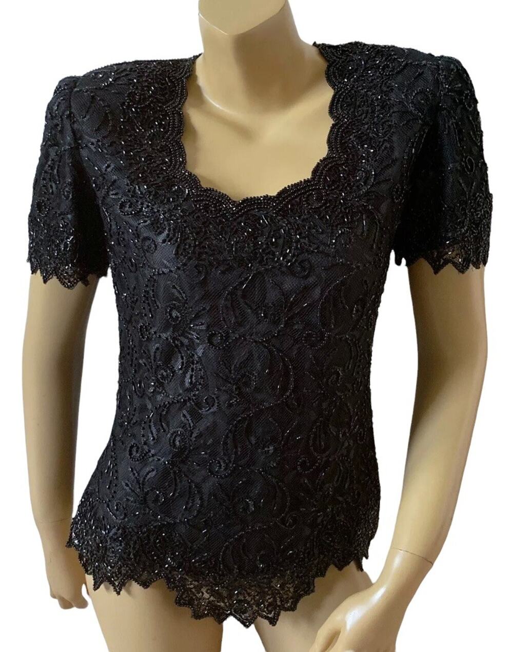 Brilliante by JA Top Womens Small Vintage 80s Beaded Lace Formal Party Blouse